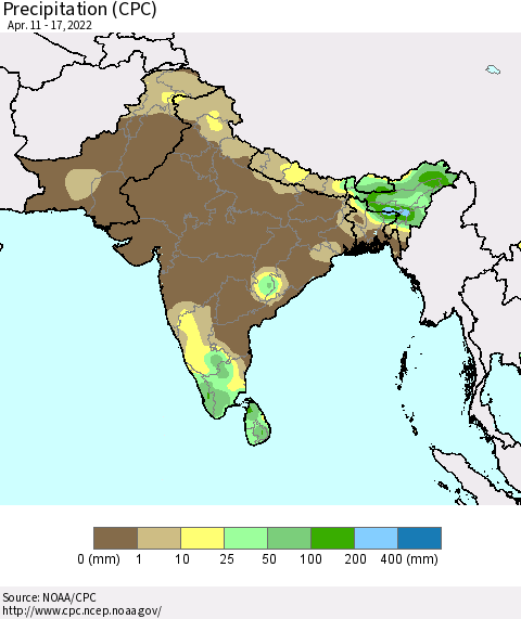 Southern Asia Precipitation (CPC) Thematic Map For 4/11/2022 - 4/17/2022