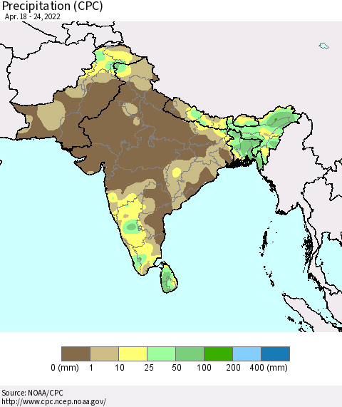 Southern Asia Precipitation (CPC) Thematic Map For 4/18/2022 - 4/24/2022