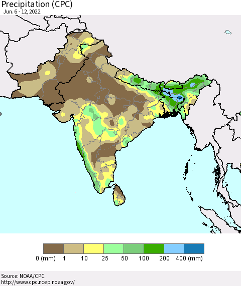 Southern Asia Precipitation (CPC) Thematic Map For 6/6/2022 - 6/12/2022
