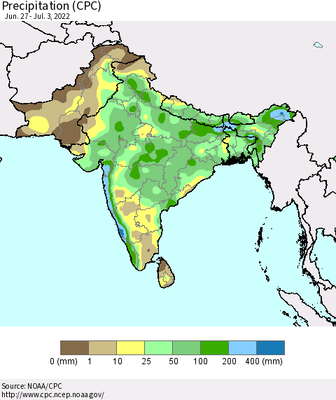 Southern Asia Precipitation (CPC) Thematic Map For 6/27/2022 - 7/3/2022