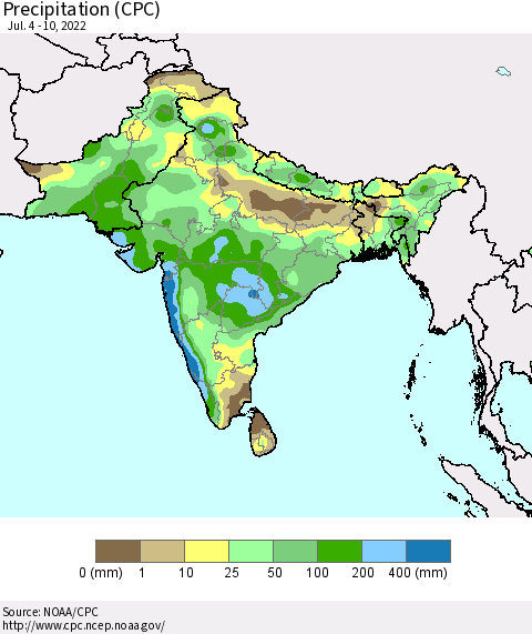 Southern Asia Precipitation (CPC) Thematic Map For 7/4/2022 - 7/10/2022
