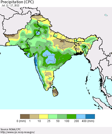 Southern Asia Precipitation (CPC) Thematic Map For 7/11/2022 - 7/17/2022