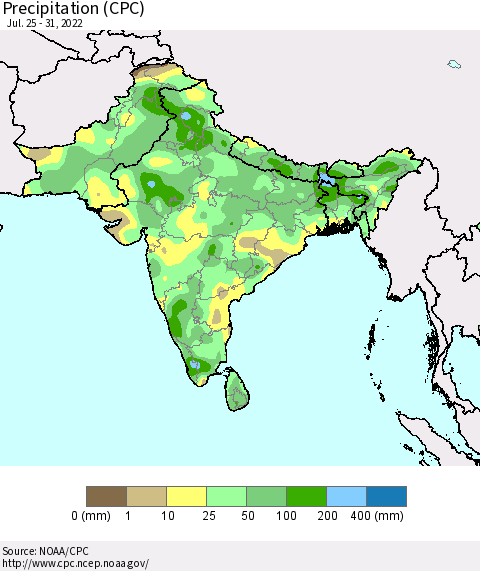 Southern Asia Precipitation (CPC) Thematic Map For 7/25/2022 - 7/31/2022