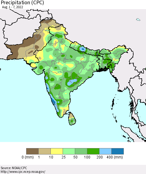Southern Asia Precipitation (CPC) Thematic Map For 8/1/2022 - 8/7/2022