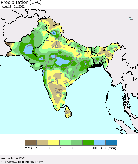 Southern Asia Precipitation (CPC) Thematic Map For 8/15/2022 - 8/21/2022