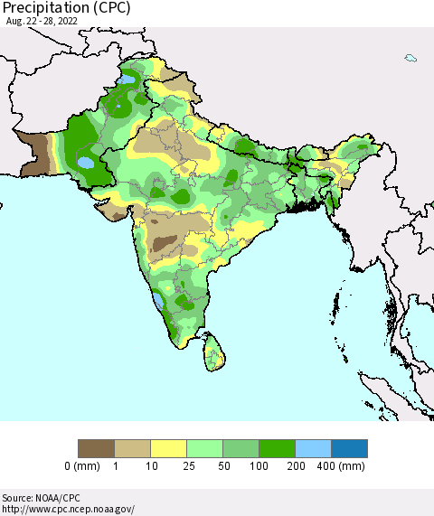 Southern Asia Precipitation (CPC) Thematic Map For 8/22/2022 - 8/28/2022