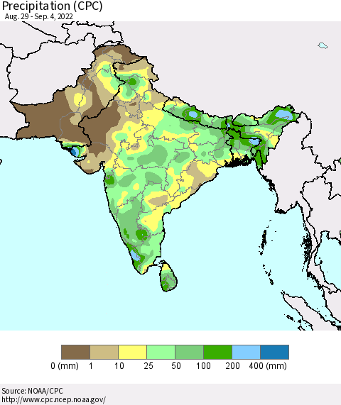 Southern Asia Precipitation (CPC) Thematic Map For 8/29/2022 - 9/4/2022