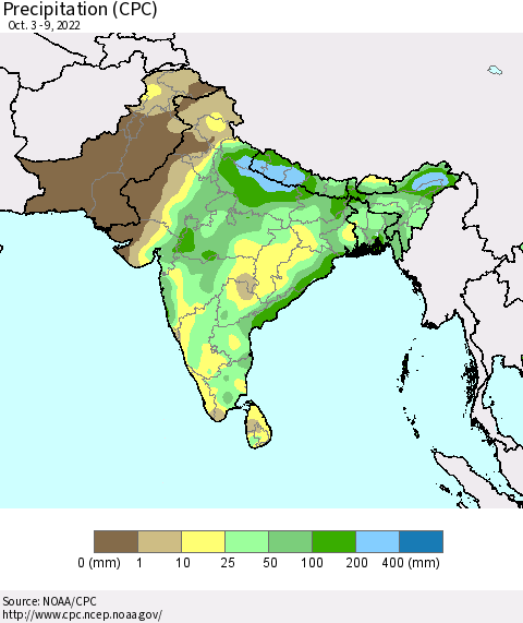 Southern Asia Precipitation (CPC) Thematic Map For 10/3/2022 - 10/9/2022