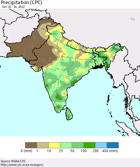 Southern Asia Precipitation (CPC) Thematic Map For 10/10/2022 - 10/16/2022