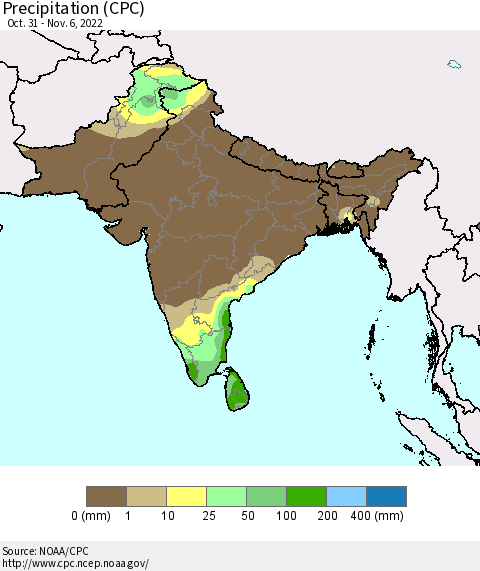 Southern Asia Precipitation (CPC) Thematic Map For 10/31/2022 - 11/6/2022