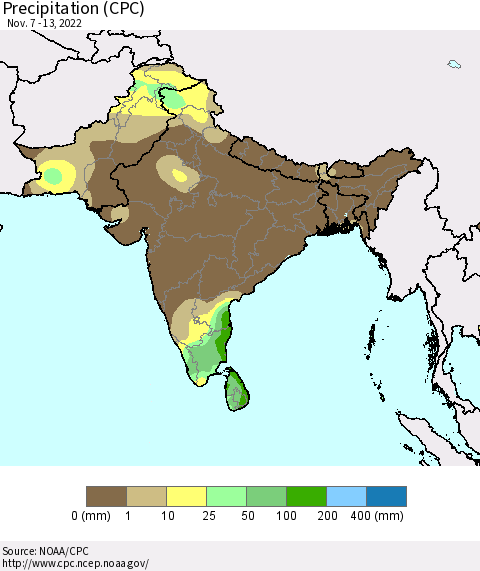 Southern Asia Precipitation (CPC) Thematic Map For 11/7/2022 - 11/13/2022