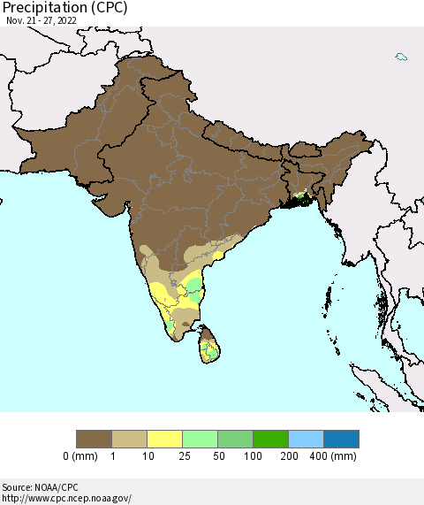 Southern Asia Precipitation (CPC) Thematic Map For 11/21/2022 - 11/27/2022