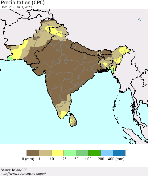 Southern Asia Precipitation (CPC) Thematic Map For 12/26/2022 - 1/1/2023
