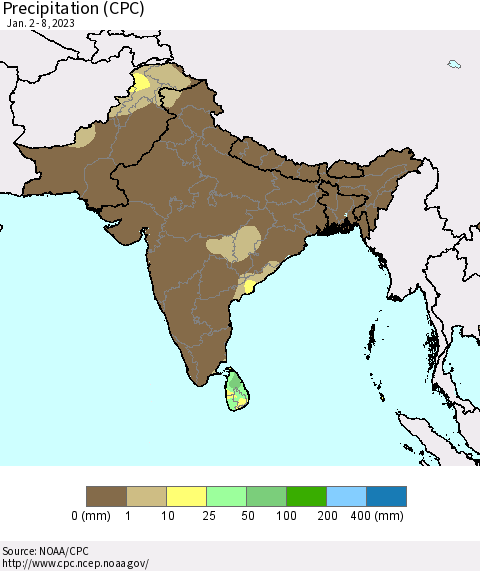 Southern Asia Precipitation (CPC) Thematic Map For 1/2/2023 - 1/8/2023