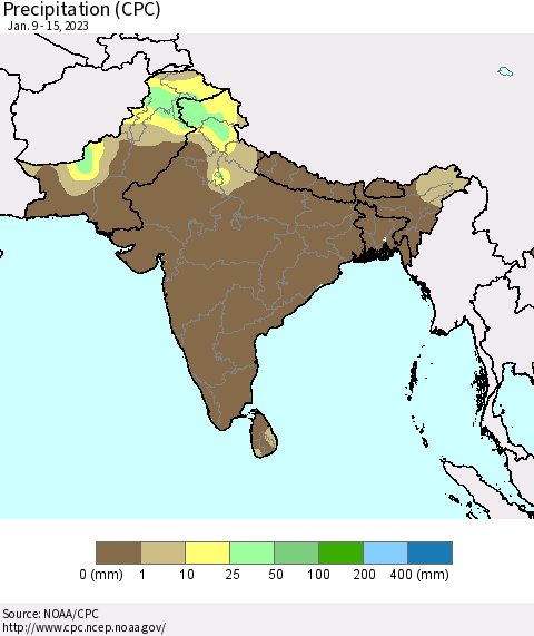 Southern Asia Precipitation (CPC) Thematic Map For 1/9/2023 - 1/15/2023