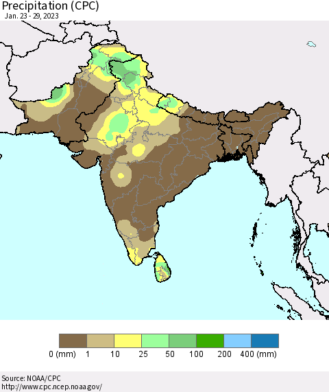 Southern Asia Precipitation (CPC) Thematic Map For 1/23/2023 - 1/29/2023
