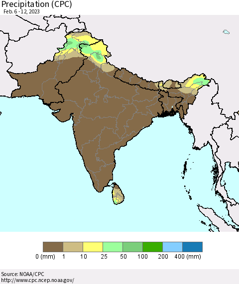 Southern Asia Precipitation (CPC) Thematic Map For 2/6/2023 - 2/12/2023