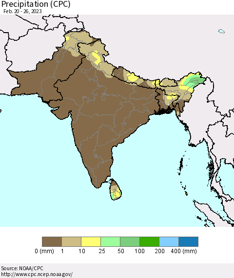Southern Asia Precipitation (CPC) Thematic Map For 2/20/2023 - 2/26/2023