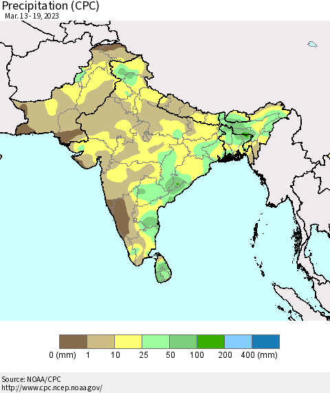 Southern Asia Precipitation (CPC) Thematic Map For 3/13/2023 - 3/19/2023