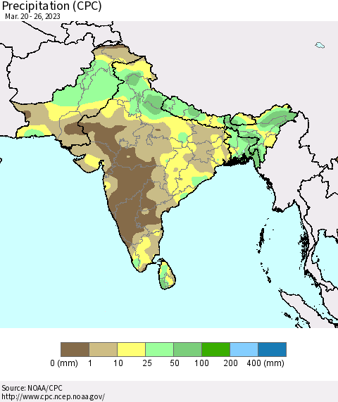 Southern Asia Precipitation (CPC) Thematic Map For 3/20/2023 - 3/26/2023