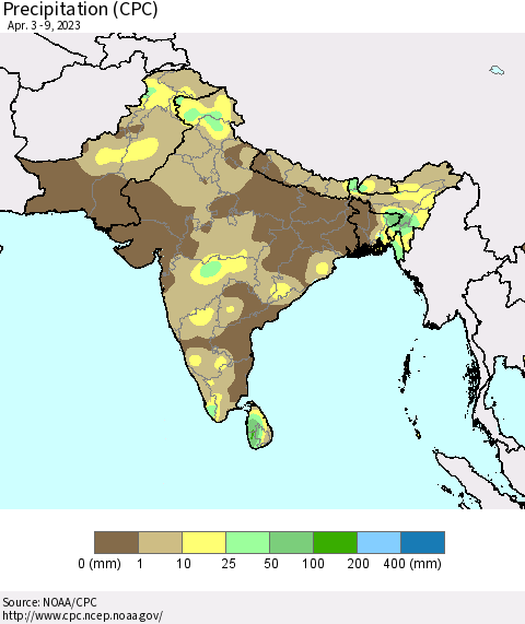Southern Asia Precipitation (CPC) Thematic Map For 4/3/2023 - 4/9/2023