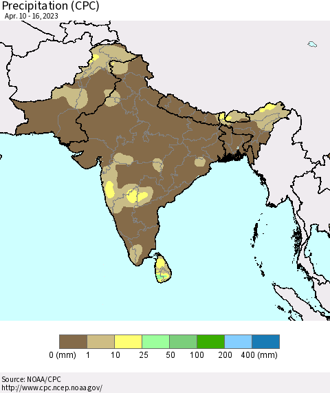 Southern Asia Precipitation (CPC) Thematic Map For 4/10/2023 - 4/16/2023