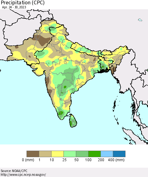 Southern Asia Precipitation (CPC) Thematic Map For 4/24/2023 - 4/30/2023
