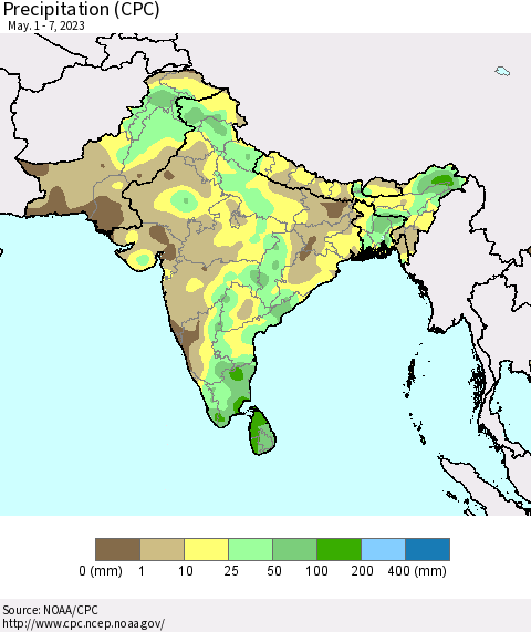 Southern Asia Precipitation (CPC) Thematic Map For 5/1/2023 - 5/7/2023