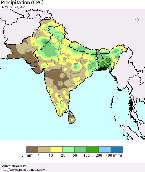 Southern Asia Precipitation (CPC) Thematic Map For 5/22/2023 - 5/28/2023