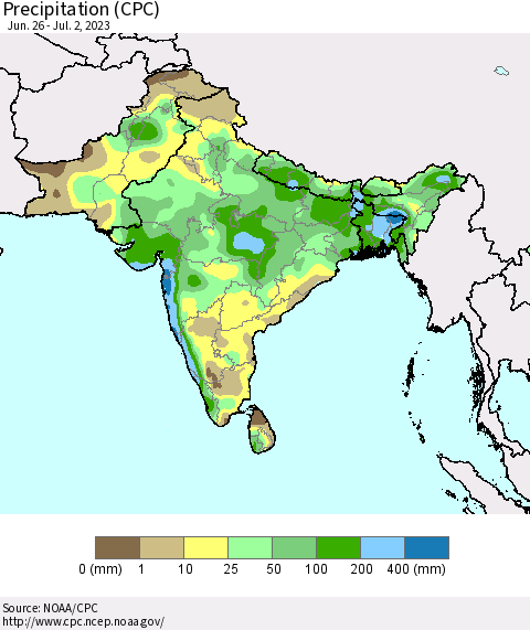 Southern Asia Precipitation (CPC) Thematic Map For 6/26/2023 - 7/2/2023
