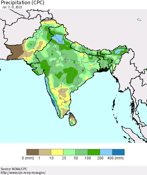 Southern Asia Precipitation (CPC) Thematic Map For 7/3/2023 - 7/9/2023