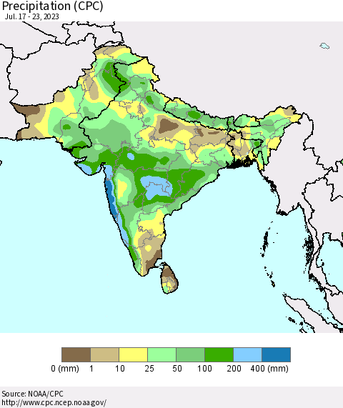 Southern Asia Precipitation (CPC) Thematic Map For 7/17/2023 - 7/23/2023