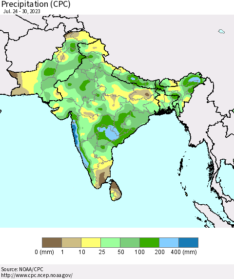 Southern Asia Precipitation (CPC) Thematic Map For 7/24/2023 - 7/30/2023