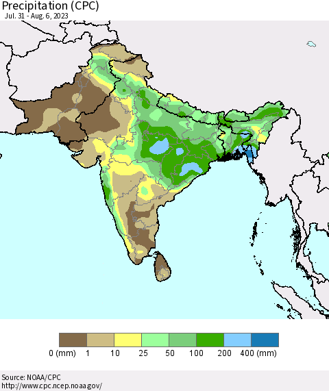 Southern Asia Precipitation (CPC) Thematic Map For 7/31/2023 - 8/6/2023