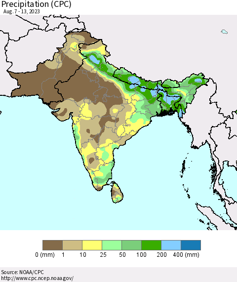 Southern Asia Precipitation (CPC) Thematic Map For 8/7/2023 - 8/13/2023