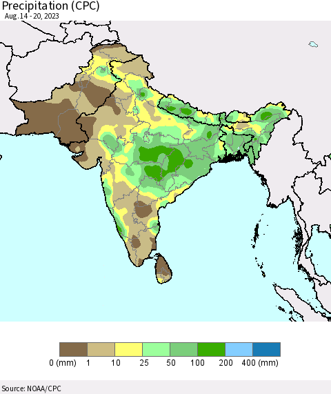 Southern Asia Precipitation (CPC) Thematic Map For 8/14/2023 - 8/20/2023