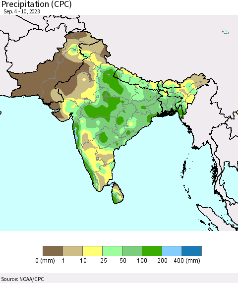 Southern Asia Precipitation (CPC) Thematic Map For 9/4/2023 - 9/10/2023