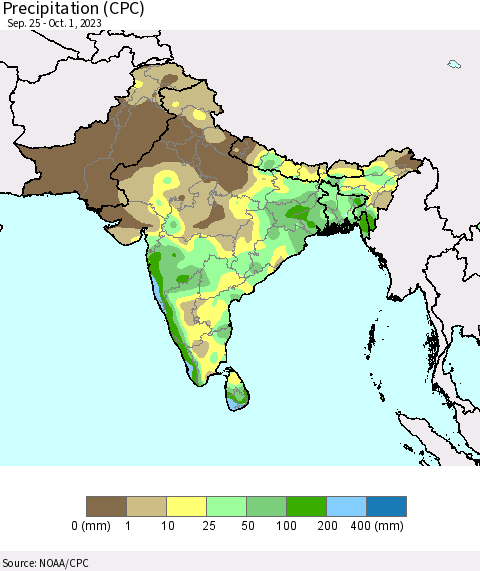 Southern Asia Precipitation (CPC) Thematic Map For 9/25/2023 - 10/1/2023
