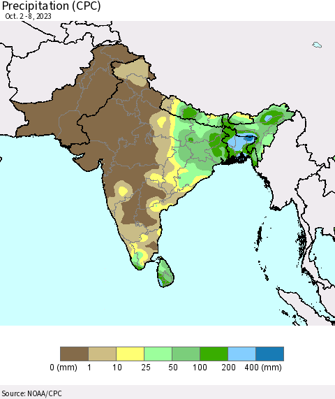 Southern Asia Precipitation (CPC) Thematic Map For 10/2/2023 - 10/8/2023