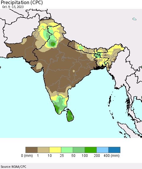 Southern Asia Precipitation (CPC) Thematic Map For 10/9/2023 - 10/15/2023
