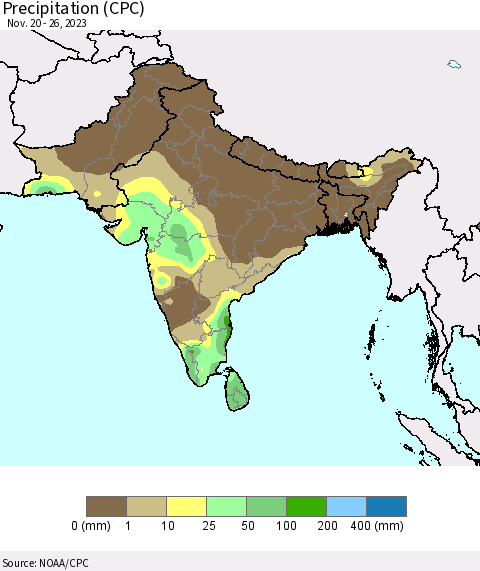 Southern Asia Precipitation (CPC) Thematic Map For 11/20/2023 - 11/26/2023