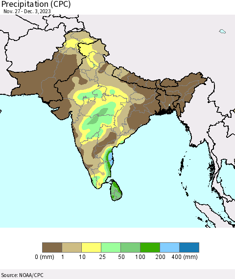 Southern Asia Precipitation (CPC) Thematic Map For 11/27/2023 - 12/3/2023