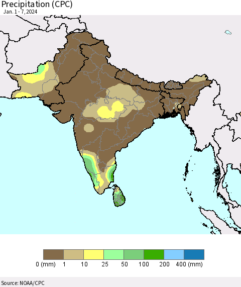 Southern Asia Precipitation (CPC) Thematic Map For 1/1/2024 - 1/7/2024