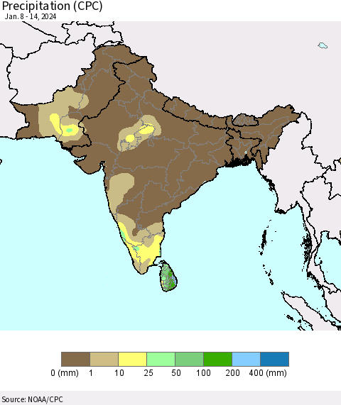 Southern Asia Precipitation (CPC) Thematic Map For 1/8/2024 - 1/14/2024