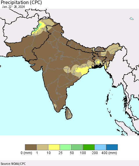 Southern Asia Precipitation (CPC) Thematic Map For 1/22/2024 - 1/28/2024