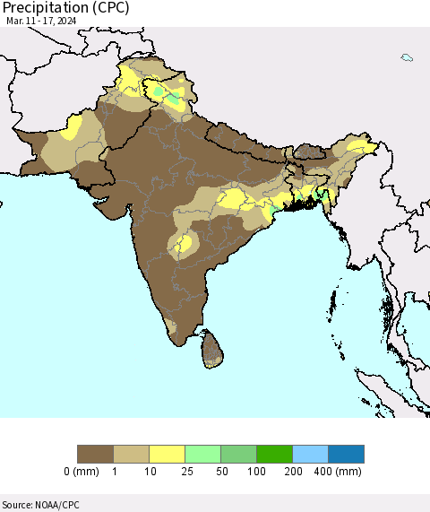 Southern Asia Precipitation (CPC) Thematic Map For 3/11/2024 - 3/17/2024