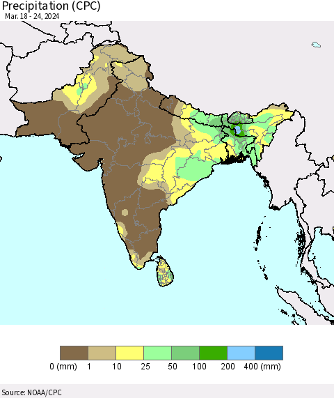 Southern Asia Precipitation (CPC) Thematic Map For 3/18/2024 - 3/24/2024