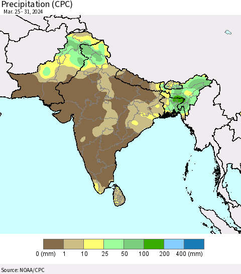 Southern Asia Precipitation (CPC) Thematic Map For 3/25/2024 - 3/31/2024