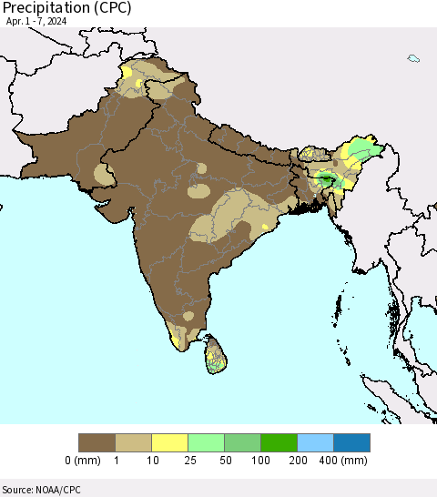 Southern Asia Precipitation (CPC) Thematic Map For 4/1/2024 - 4/7/2024