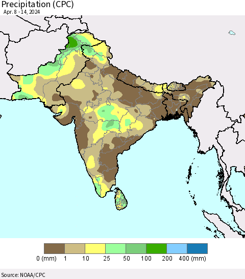 Southern Asia Precipitation (CPC) Thematic Map For 4/8/2024 - 4/14/2024